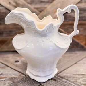 Vintage Arnel’s Victorian Style White Pottery Pitcher, Large, 10” x 10”